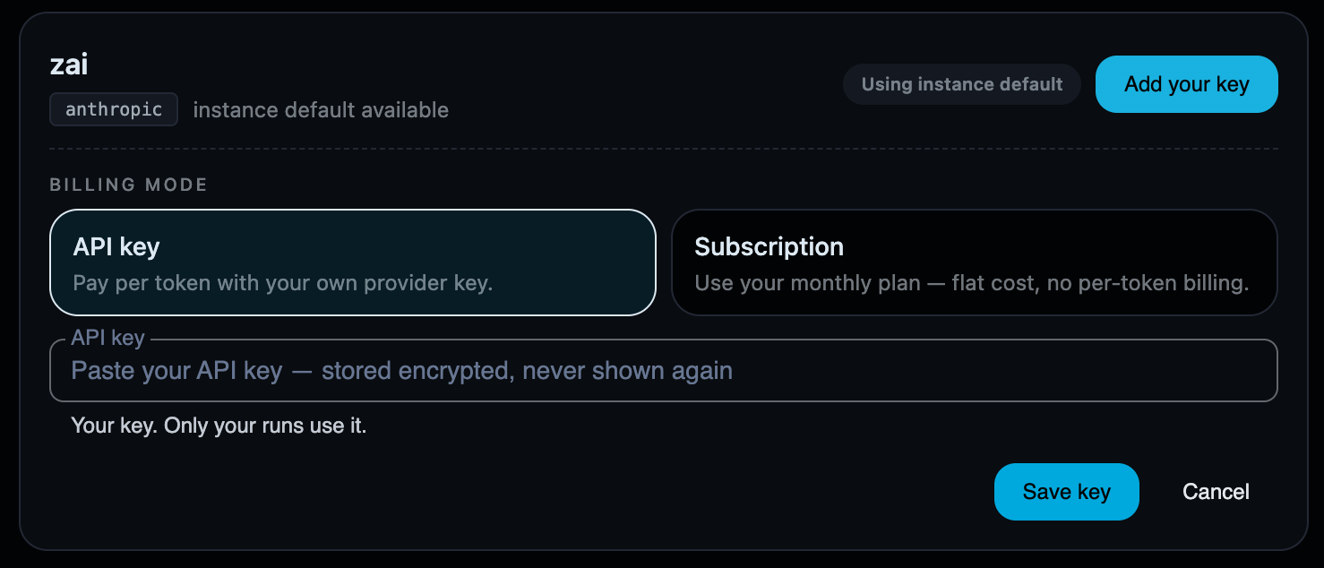 The add-key form asking whether the credential is an API key or a subscription key