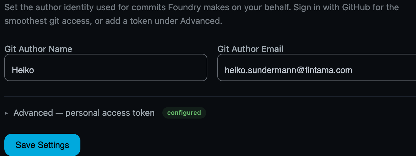 The GitHub identity card with git author name, email, and the advanced personal-access-token field