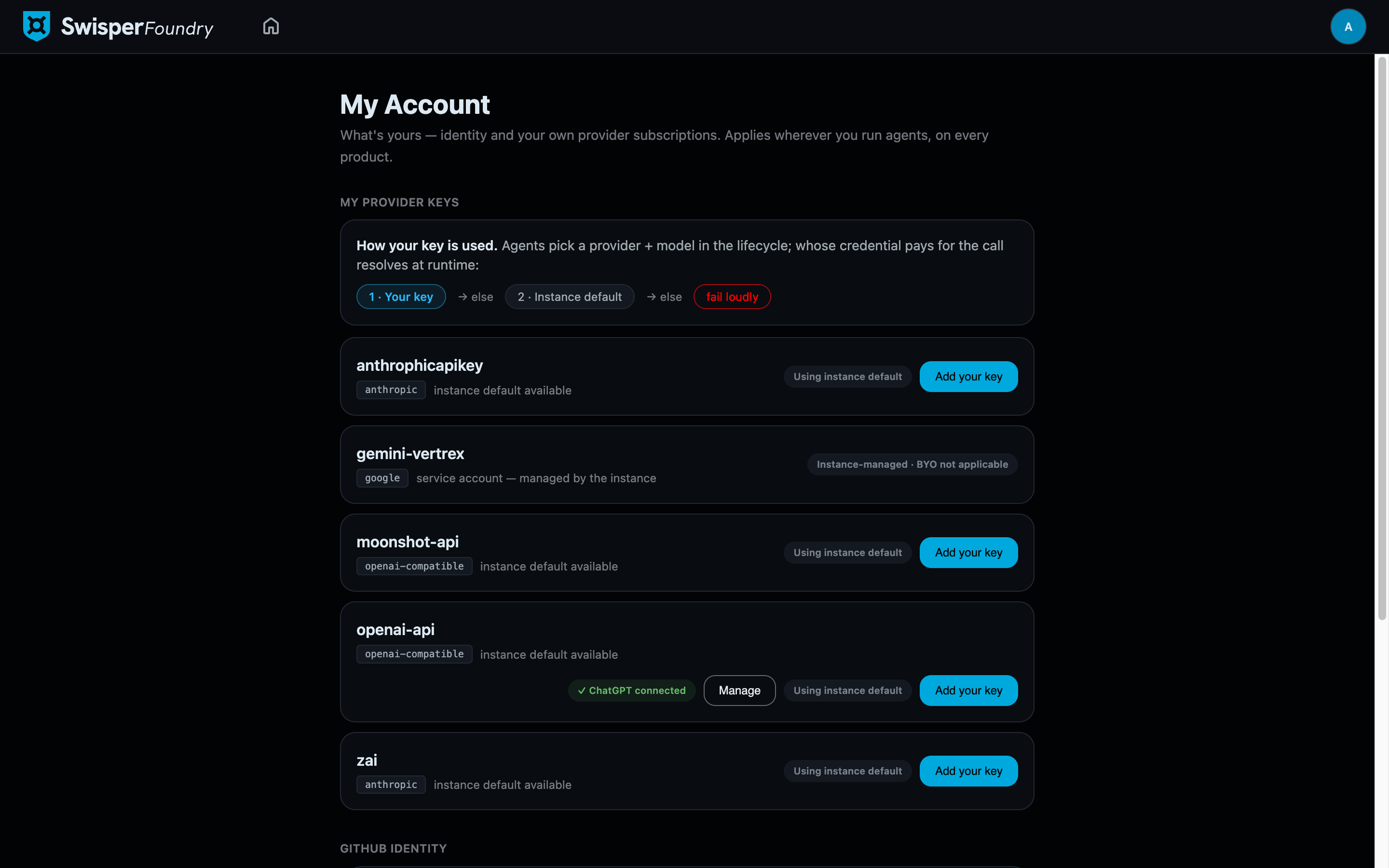 The My Account page with provider key cards, subscription status, and the GitHub identity card