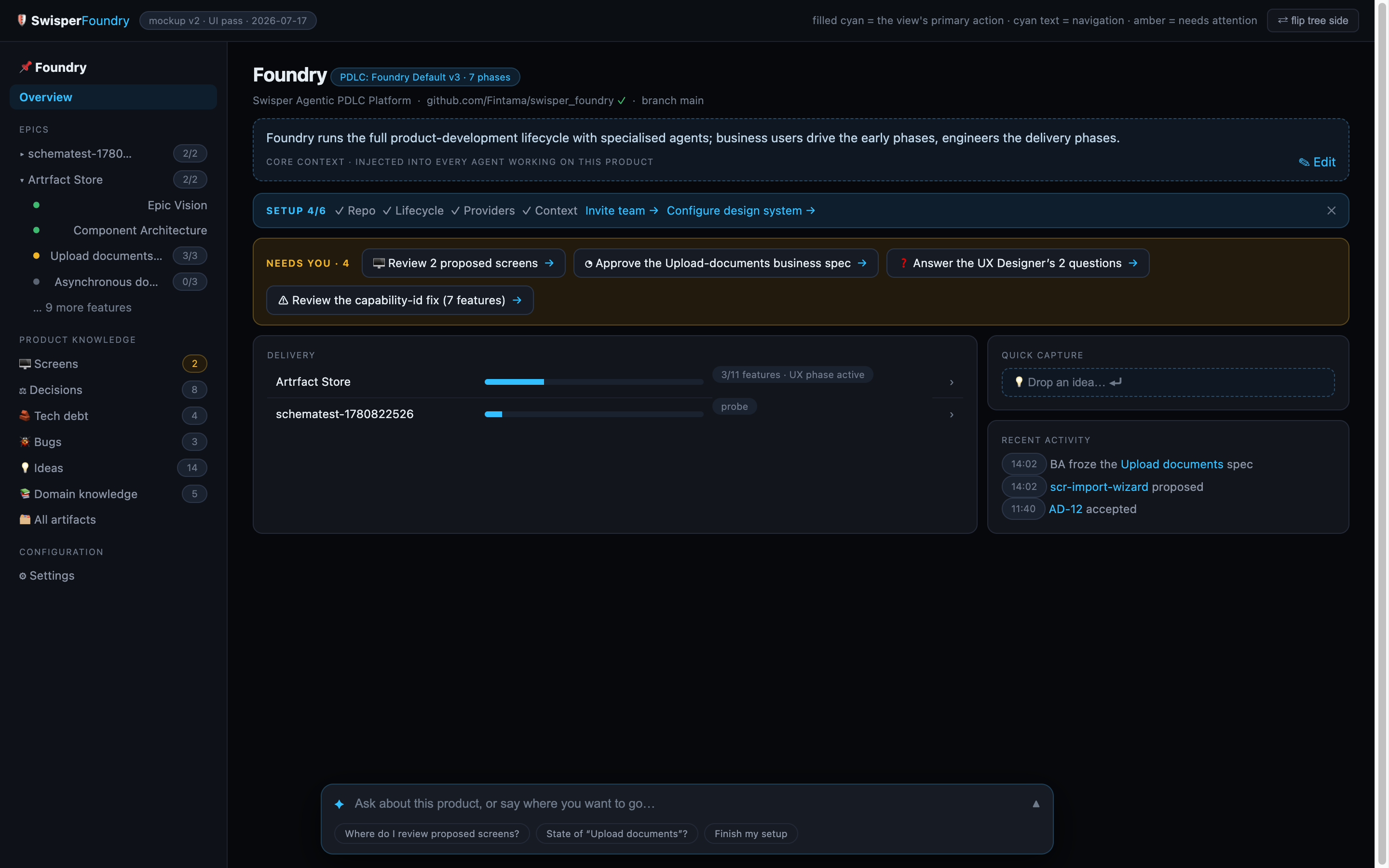 Product shell information architecture: the shared sidebar with Overview, Mission Control, epics, knowledge registers, and configuration