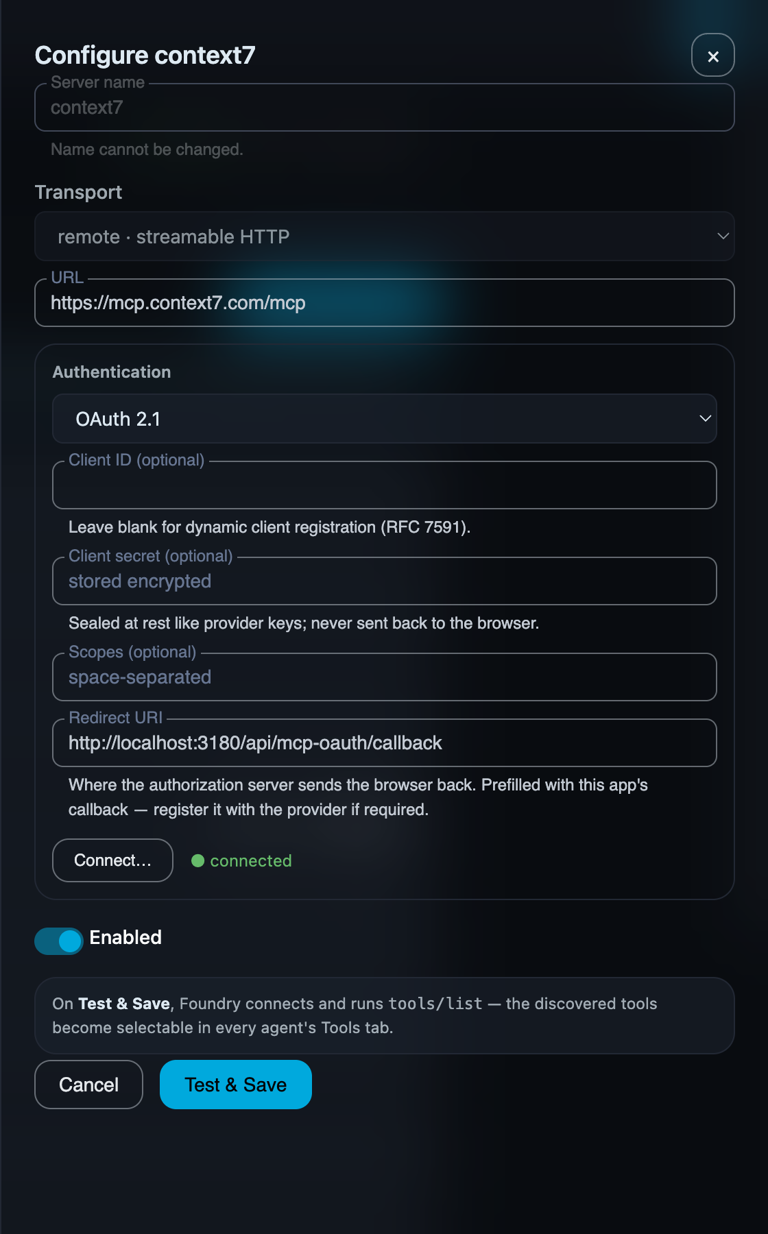 OAuth configuration in the server drawer with optional client ID, sealed secret, prefilled redirect URI, and Connect action
