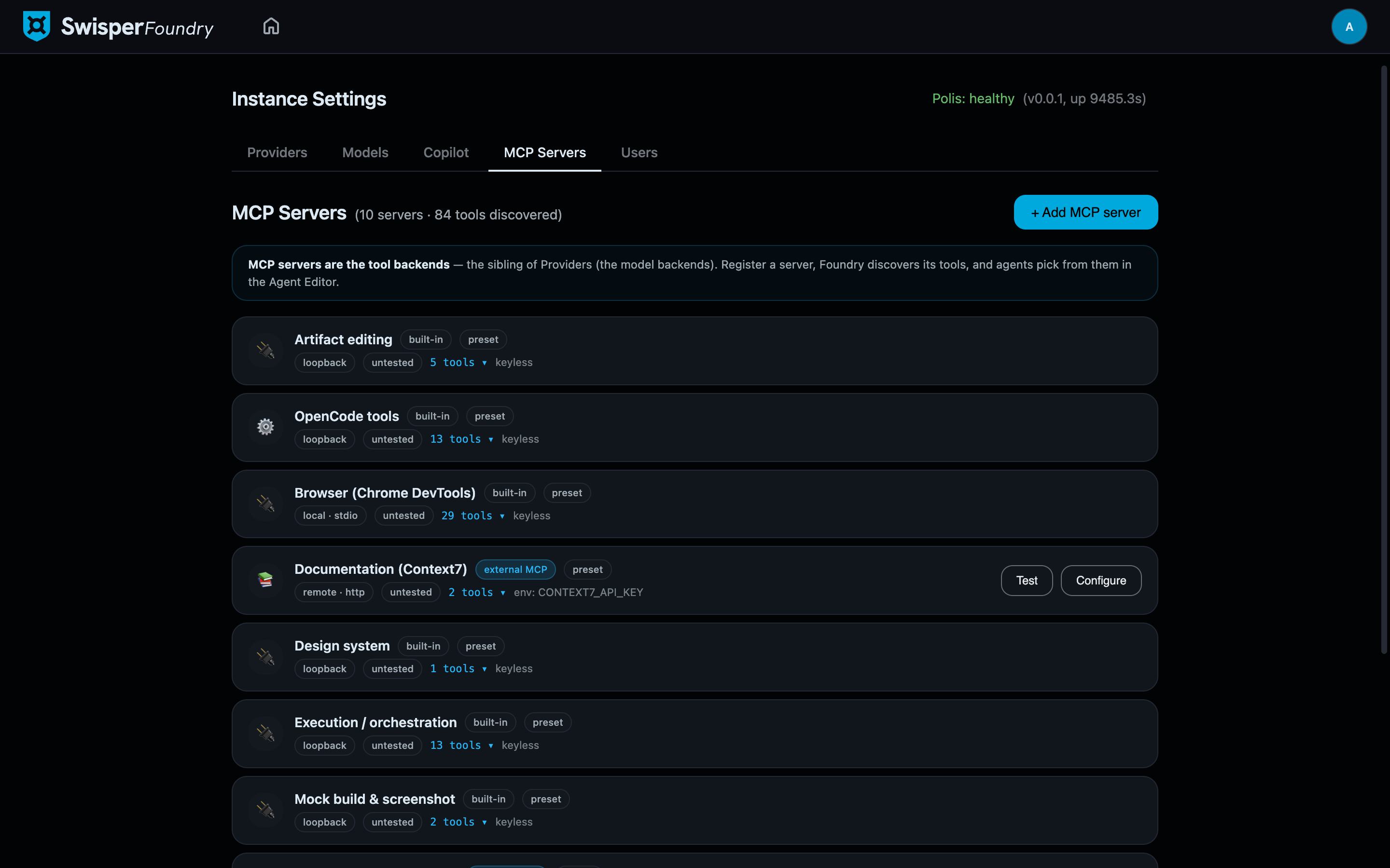 The MCP Servers tab listing built-in loopback presets and external servers with transports, tool counts, and Test actions