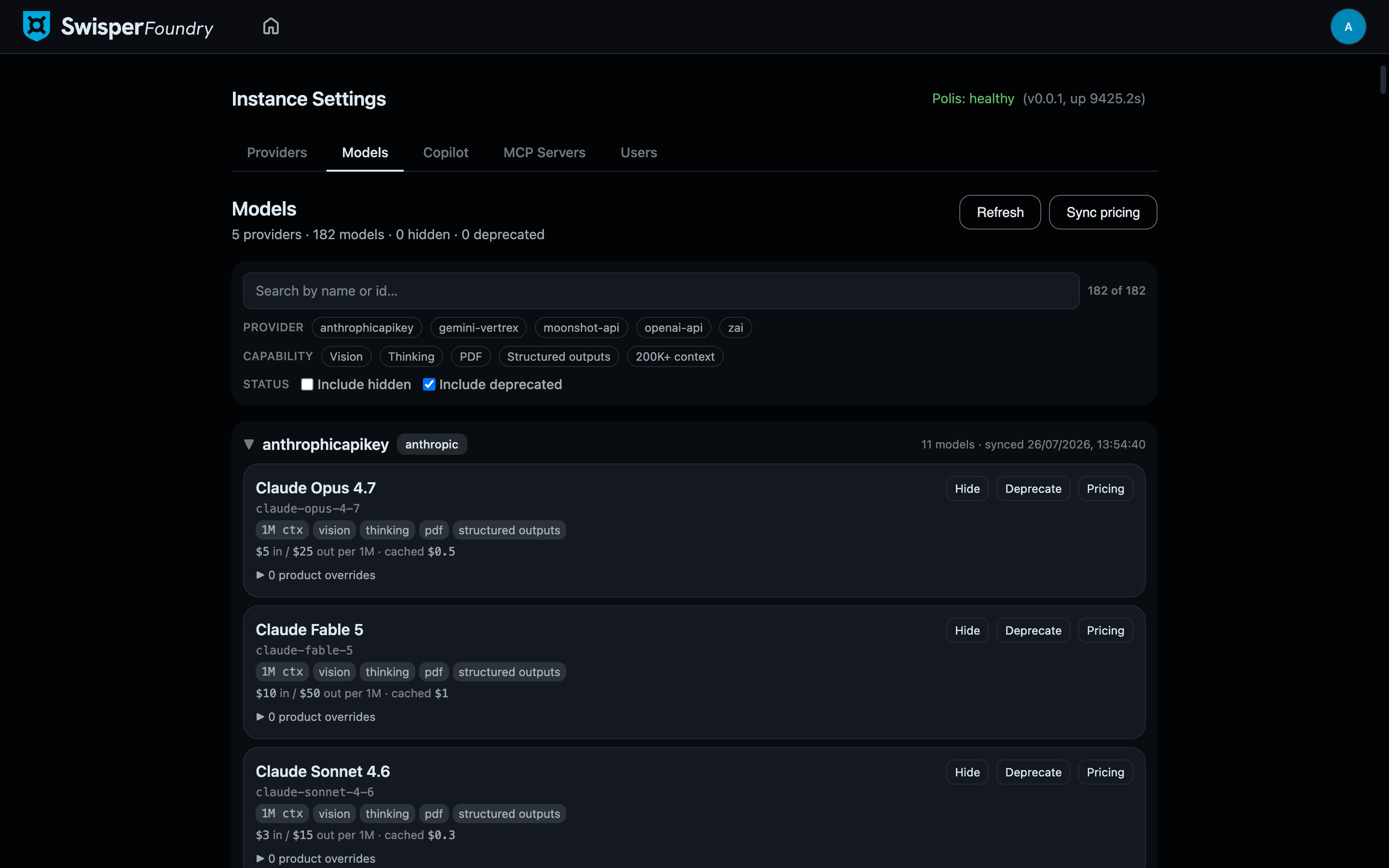 The Models tab listing models across providers with capability chips, pricing, and Hide/Deprecate/Pricing actions