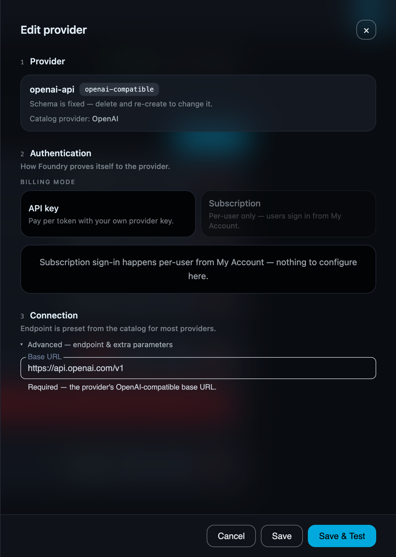 Billing mode radio choice between API key and Subscription in the provider edit drawer