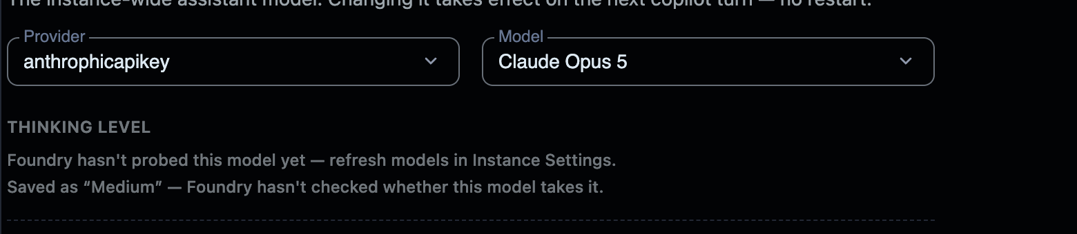 The thinking-level control for a model Foundry has not probed yet, showing an honest message instead of guessing