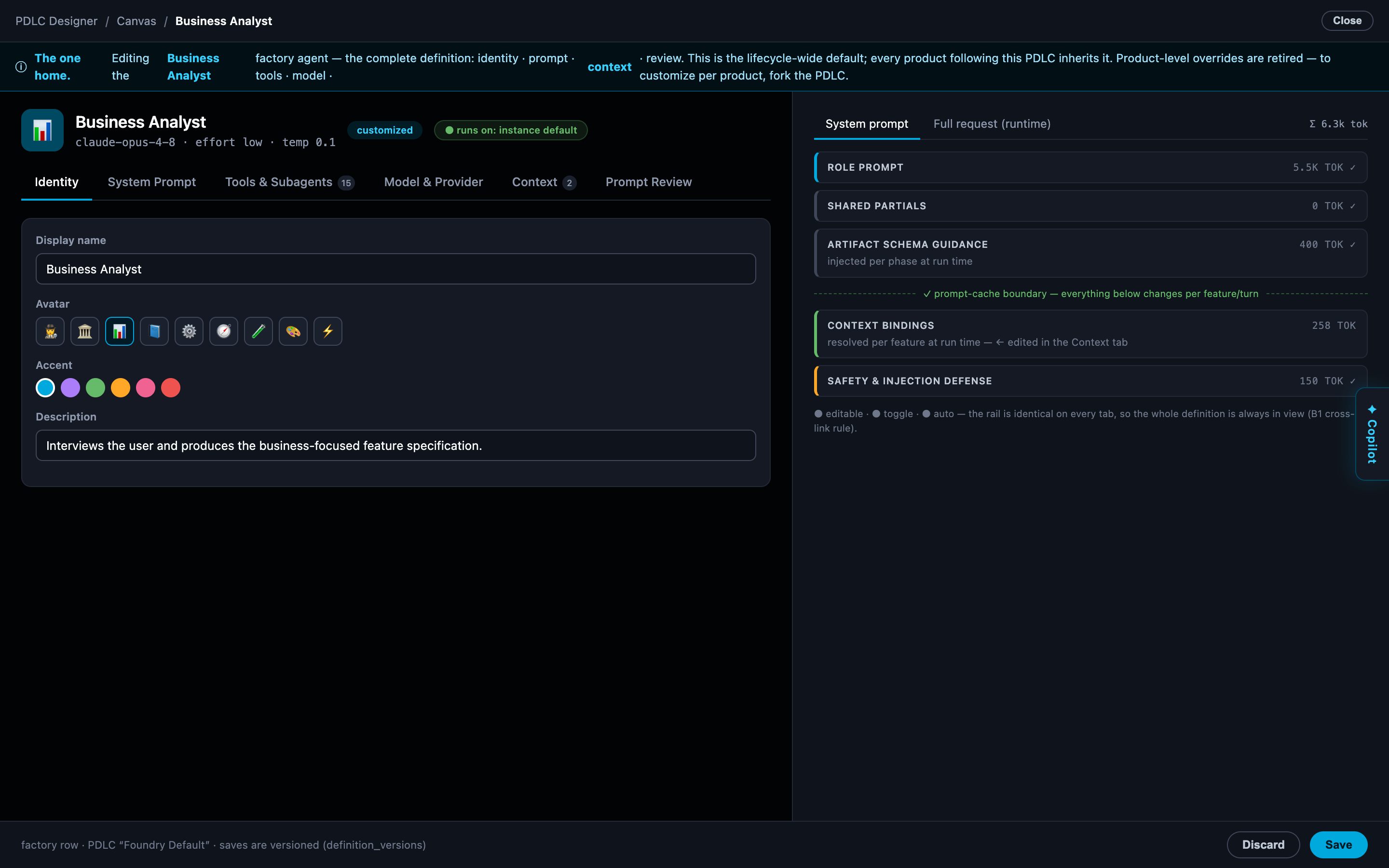 The Agent Editor with its five tabs: Identity, System Prompt, Tools & Subagents, Model & Provider, Context