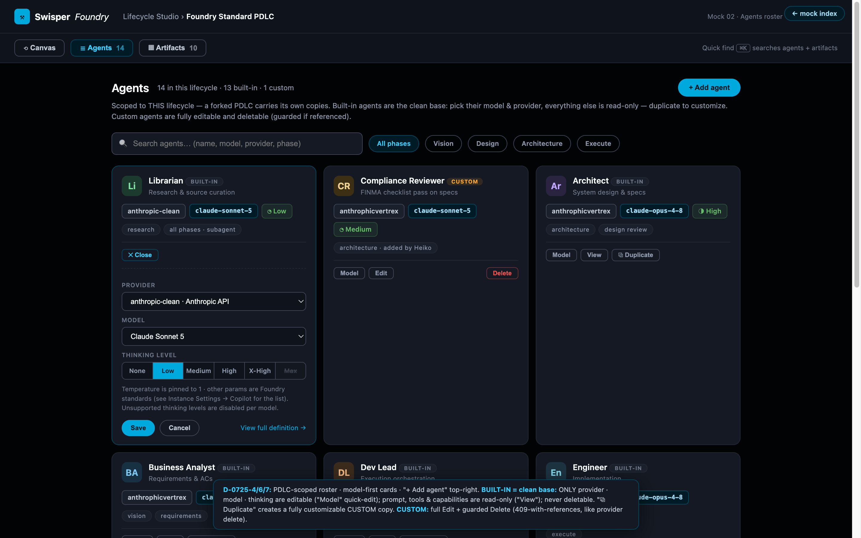 The agents roster with one card per behaviour showing identity, model line, and actions