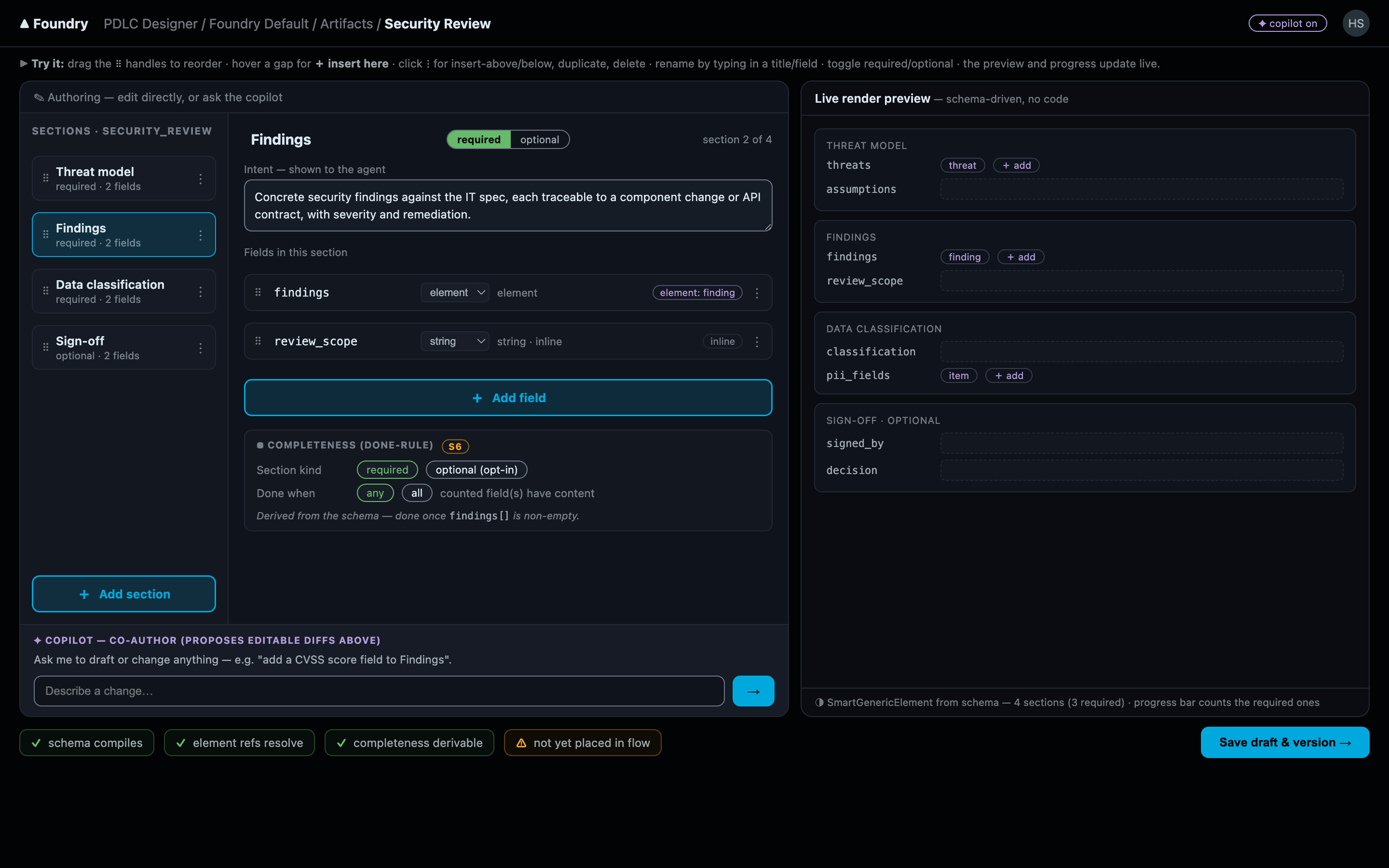 The Artifact Designer with the outline rail of sections, the section editor for fields, and the live preview