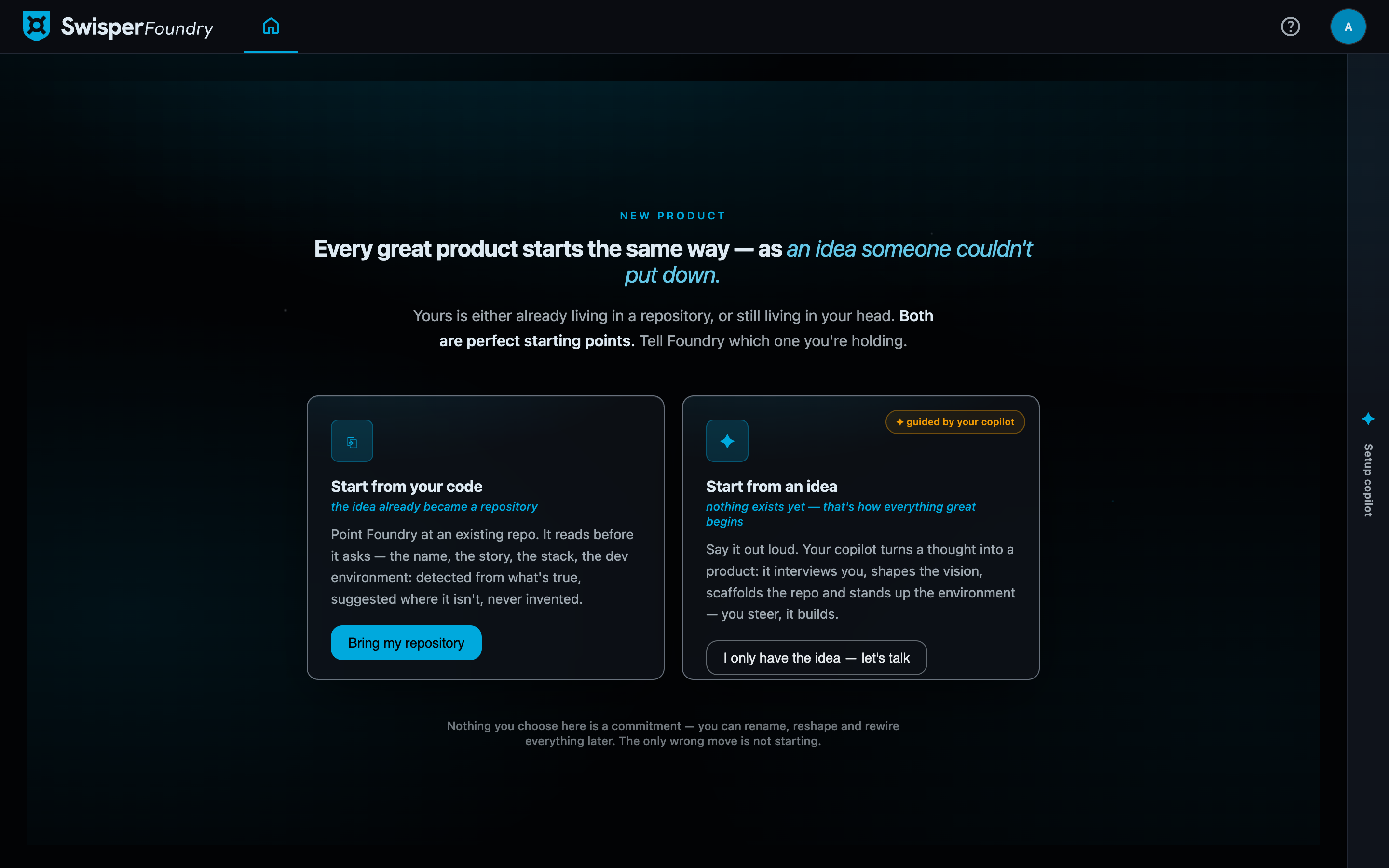The product front door: two doors, Start from your code and Start from an idea, with no form fields visible yet
