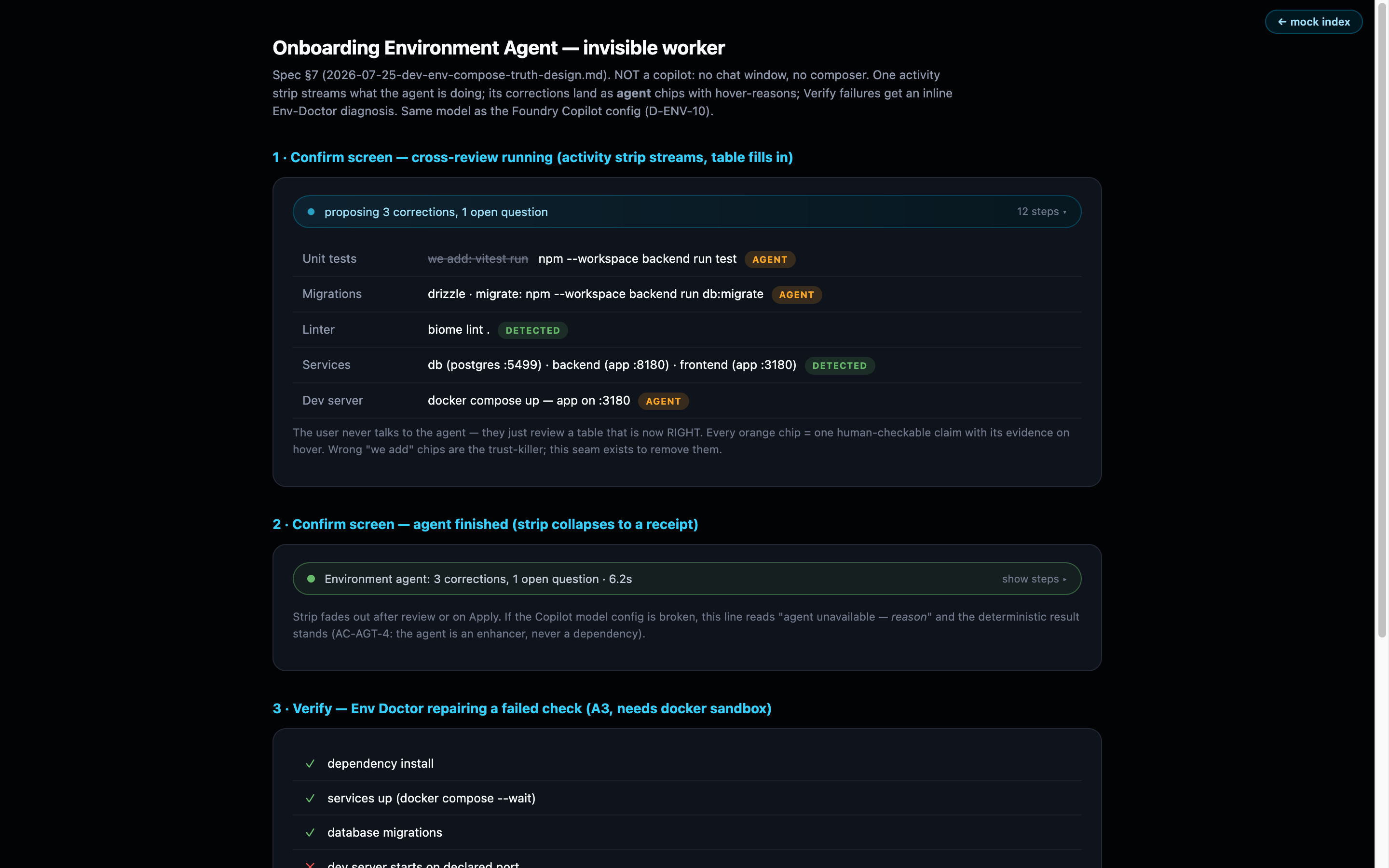 The Environment Agent stage with the copilot rail interview and the proposed profile with evidence