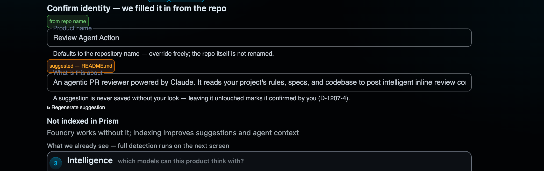 Identity pre-filled from the repository: name from the repo with a detected chip, summary suggested from the README with a source chip and regenerate button
