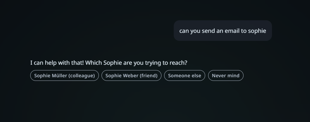Disambiguation prompt showing Swisper asking "Which Sophie are you trying to reach?" with options for Sophie Müller (colleague), Sophie Weber (friend), Someone else, and Never mind