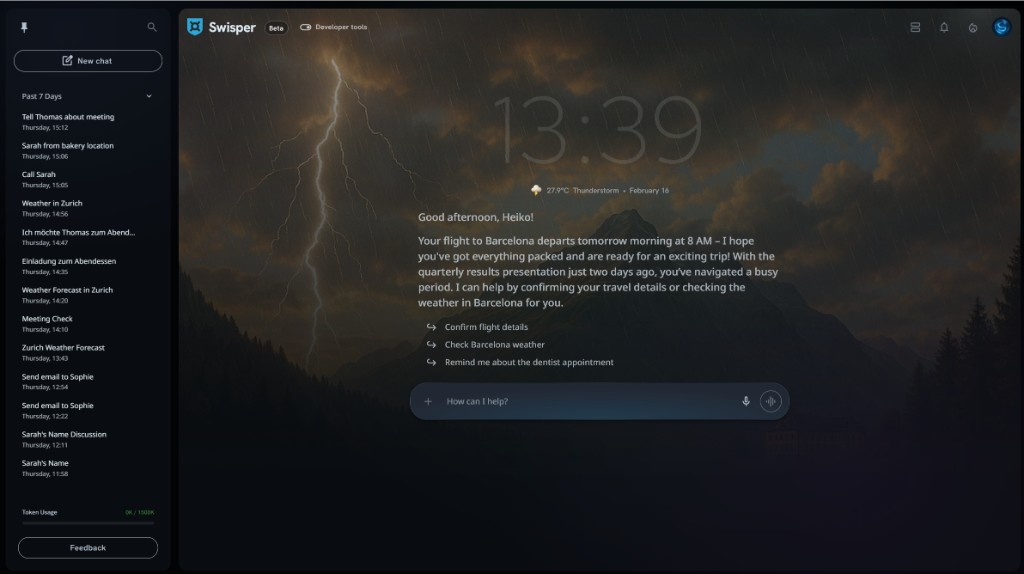 Swisper greeting screen showing a personalized welcome message that references the user's upcoming flight and recent activity, with suggested follow-up actions