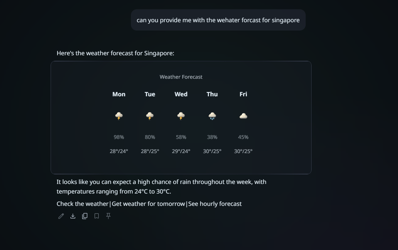 A complex chat response — the assistant invokes the research agent to fetch a live weather forecast, returning a visual weather card