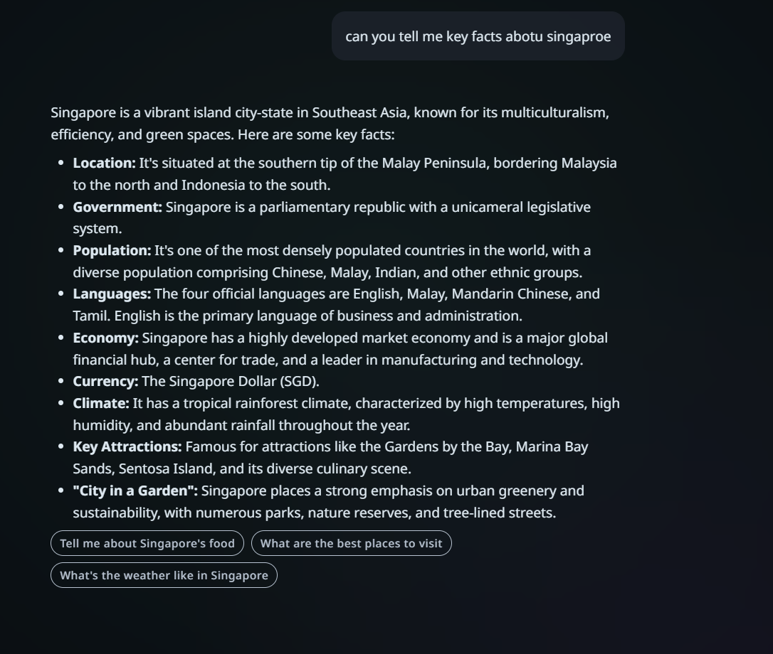 A simple chat response — the assistant answers a knowledge question about Singapore directly without using external tools